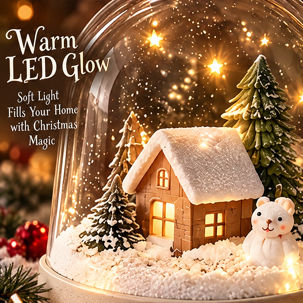 Enchanted from Every Angle — Christmas snow globe night light showing 360° snowy scene with glowing cabin, bear, and pine trees that brings Christmas to life