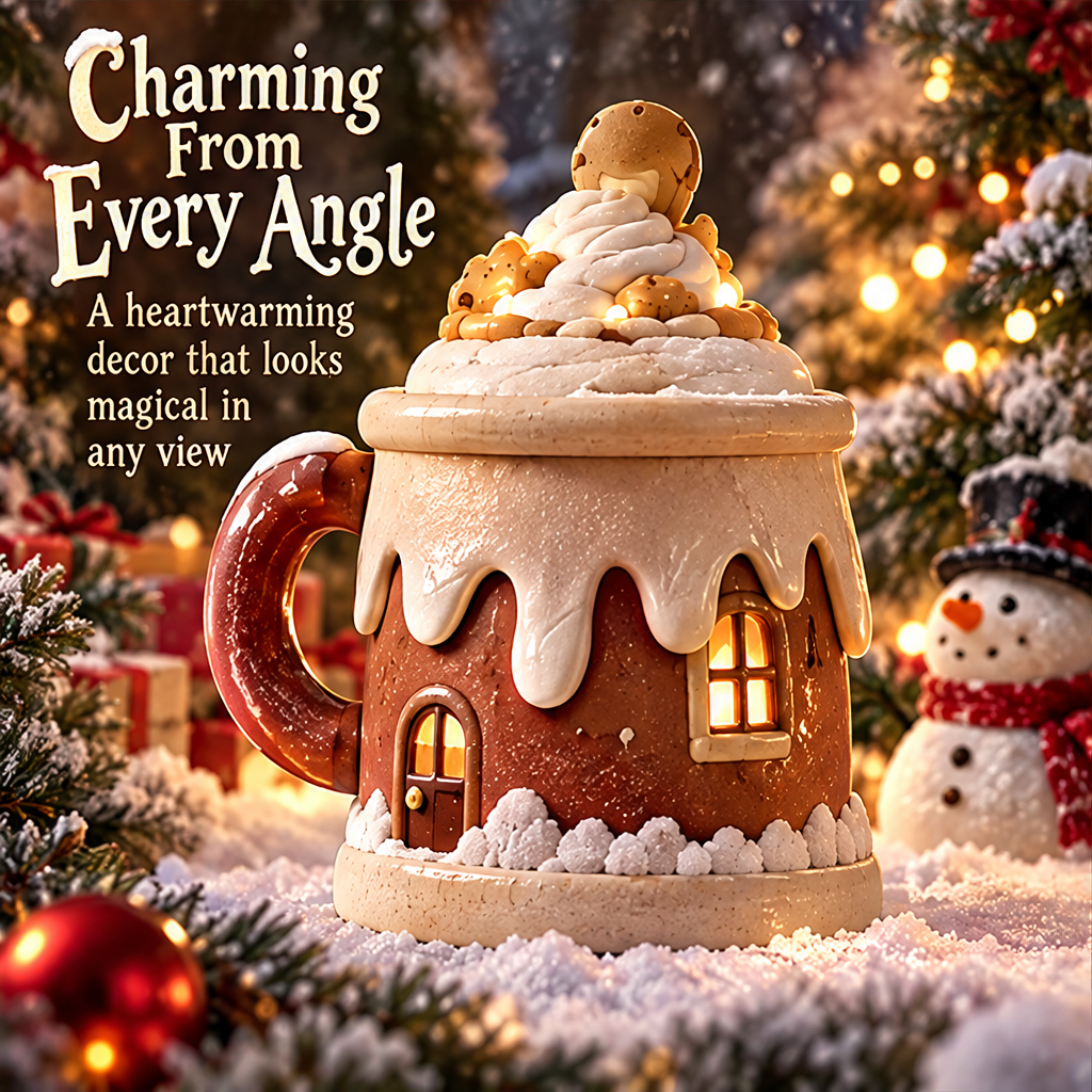 Delightful Details — close-up top view of gingerbread house mug candle holder showing snowy cream swirl, gingerbread friend, and candy-trimmed rim