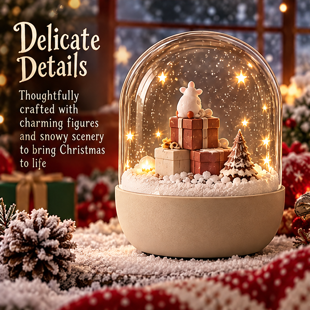 Delicate Details — Christmas mouse on gift boxes snow globe night light in festive holiday setting, thoughtfully crafted with charming figures and snowy scenery to bring Christmas to life