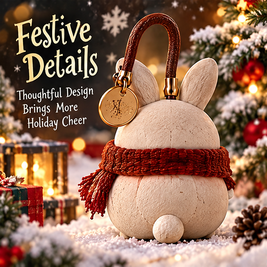 Adorable from Every Angle — Christmas bunny ornament side view, a little friend always by your side in snowy holiday setting