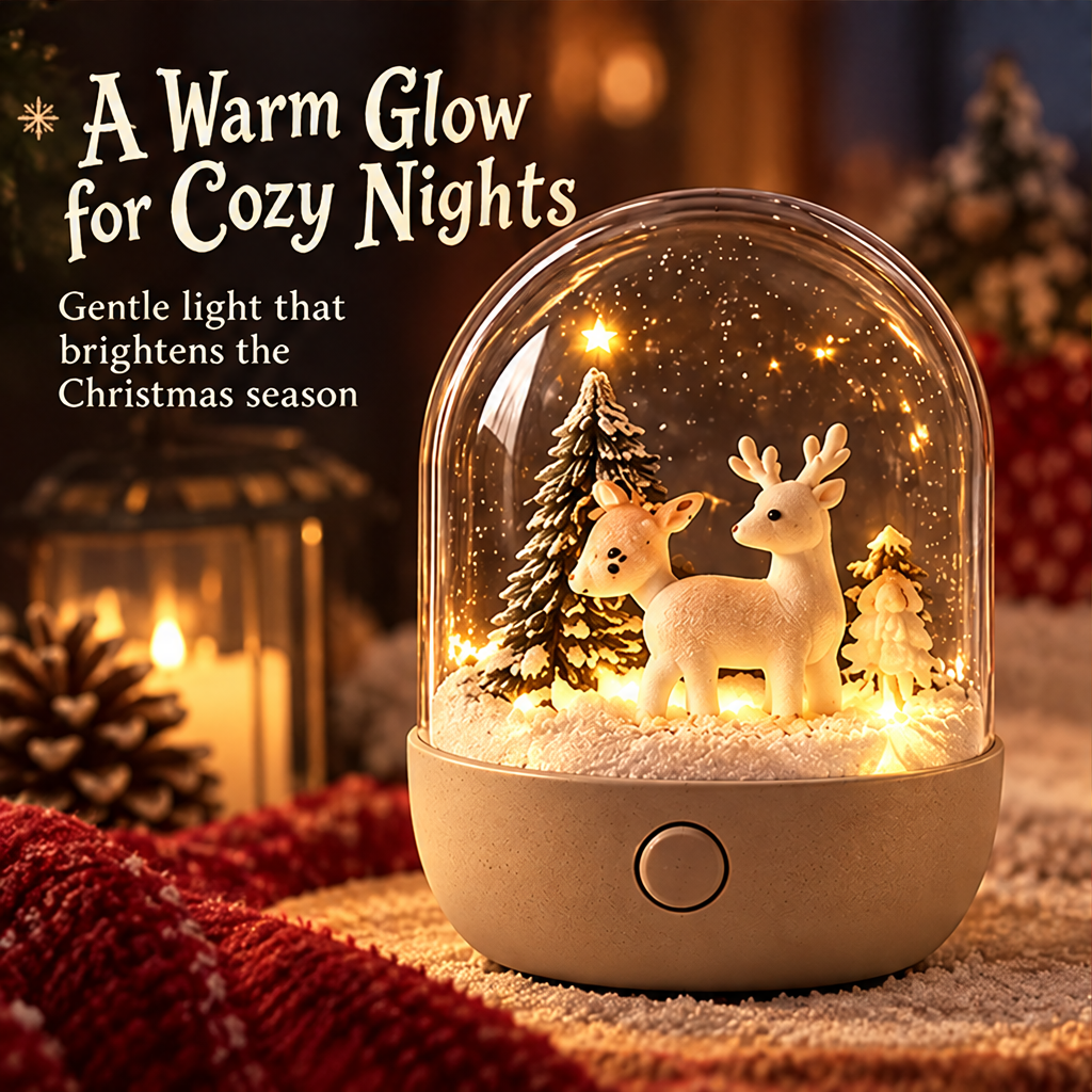 Different Angles Same Wonder — Christmas reindeer duo snow globe night light side view showing white reindeer and pine forest, every view reveals a new slice of winter magic