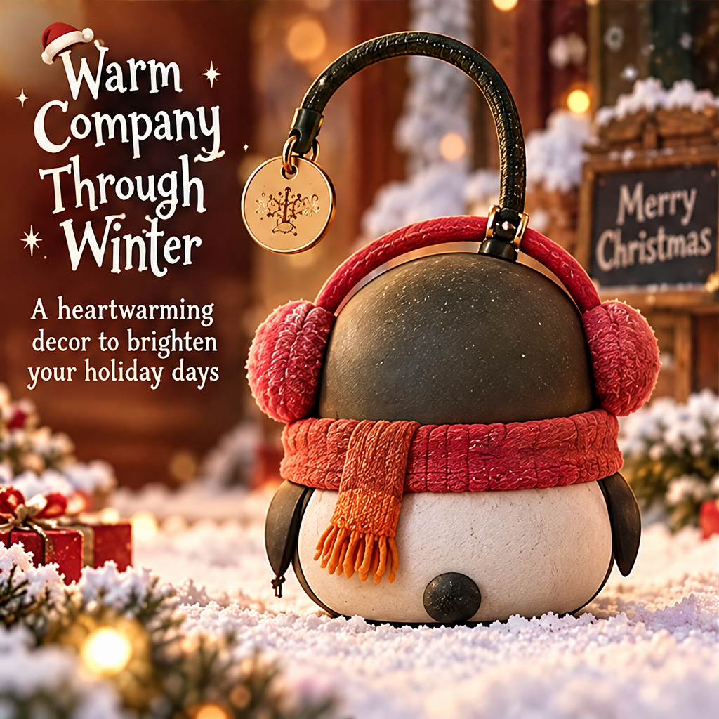 Back view of Christmas penguin figurine with carry handle — Warm Company Through Winter, heartwarming holiday decor