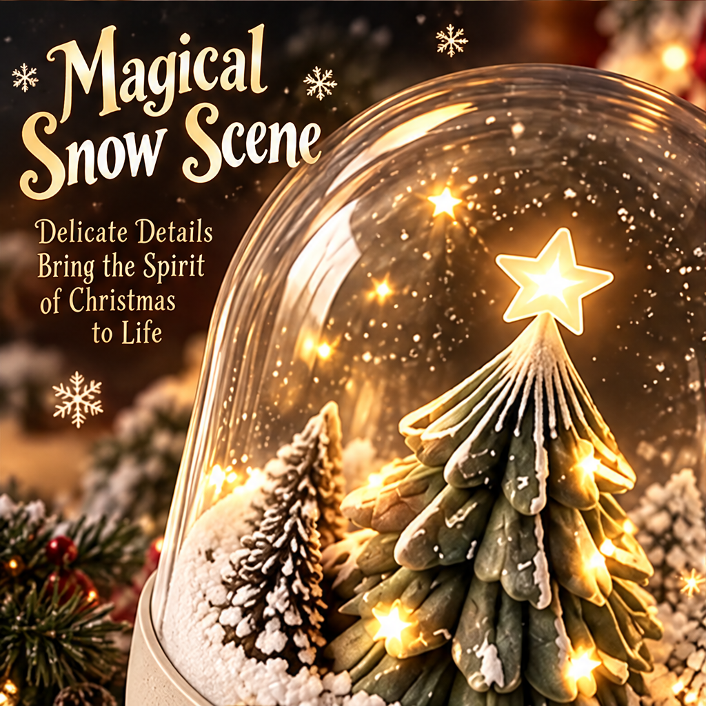 Christmas tree snow globe night light clean product shot showing full warm LED glow, glowing star topper, and complete snow scene inside glass dome