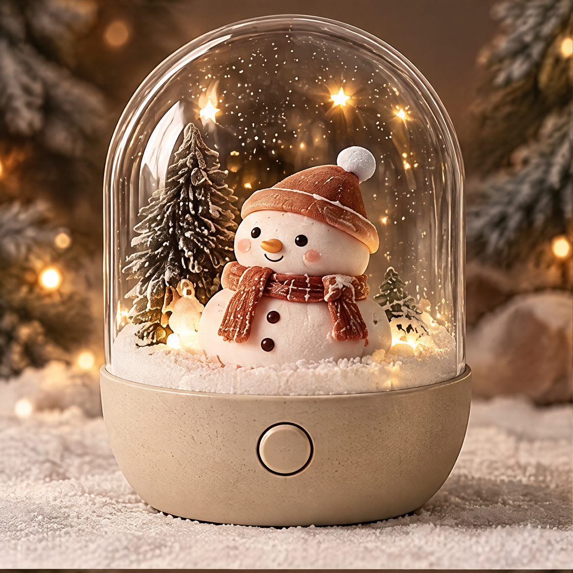 Cozy Winter Nights — Christmas snowman snow globe night light glowing on cozy holiday background, soft and warm light creates a festive atmosphere