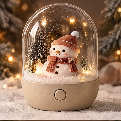 Cozy Winter Nights — Christmas snowman snow globe night light glowing on cozy holiday background, soft and warm light creates a festive atmosphere