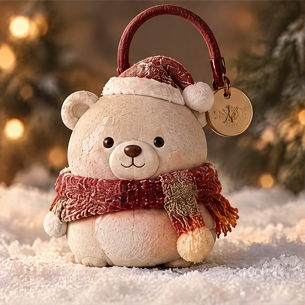 Christmas bear figurine close-up showing Santa hat, textured scarf detail, and gold snowflake charm tag — A Thoughtful Gift Choice, Share Warmth and Love this Christmas
