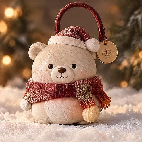 Christmas bear figurine close-up showing Santa hat, textured scarf detail, and gold snowflake charm tag — A Thoughtful Gift Choice, Share Warmth and Love this Christmas