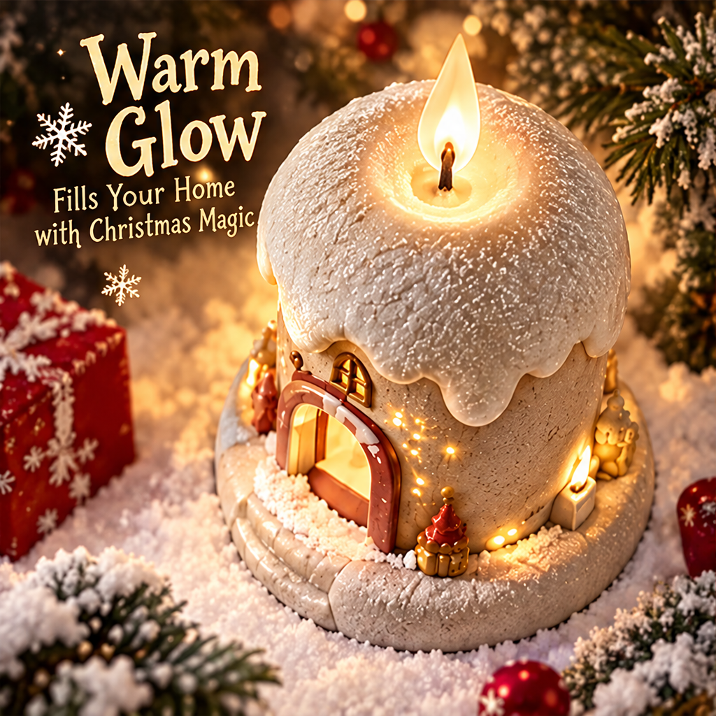 Charming Details — Christmas candle house figurine side view showing glowing gothic windows and miniature festive village scene, every angle tells a cozy story