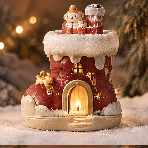 Warm Home for a Merry Christmas — Christmas boot house candle holder glowing in festive holiday setting, a little house that lights up your holiday happiness