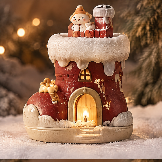 Warm Home for a Merry Christmas — Christmas boot house candle holder glowing in festive holiday setting, a little house that lights up your holiday happiness