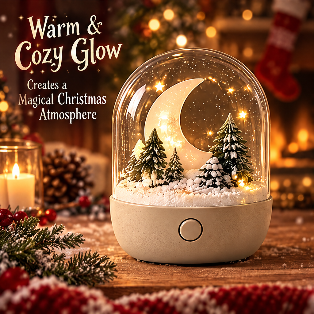Enchanting Details — Christmas moon and pine forest snow globe night light showing snowy trees, glowing moon, and dreamy lights in festive red holiday setting
