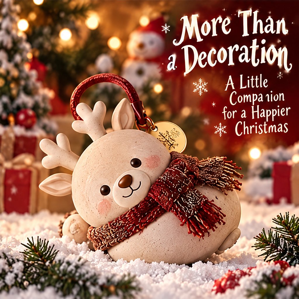 Merry Christmas reindeer figurine front view with red carry handle and gold charm tag — A Warm Companion for a Brighter Holiday