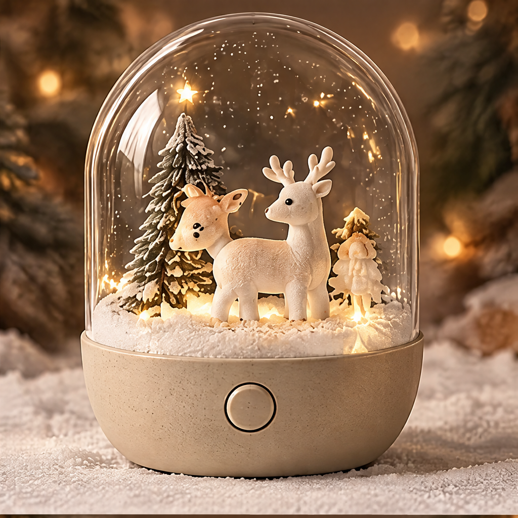 A Warm Glow for Cozy Nights — Christmas reindeer duo snow globe night light glowing on cozy holiday background, gentle light that brightens the Christmas season