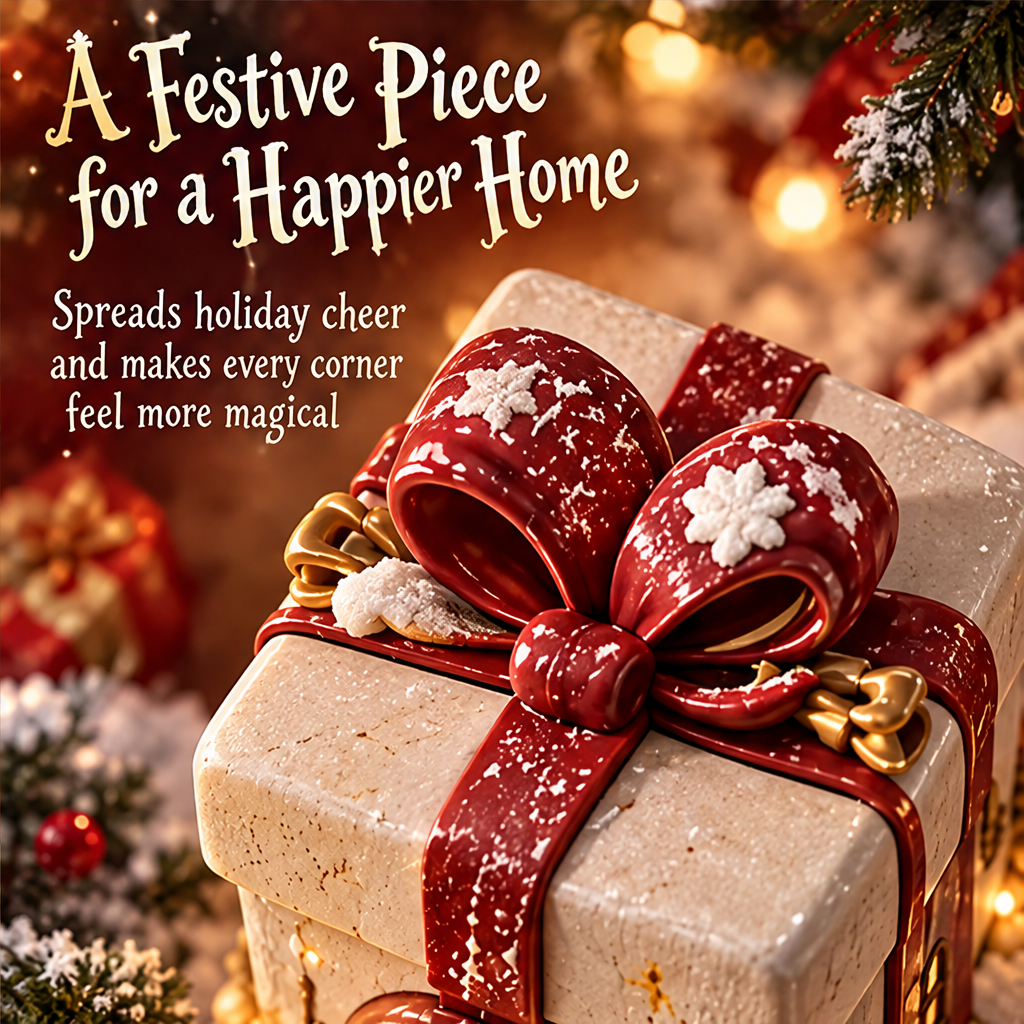 A Festive Piece for a Happier Home — close-up of Christmas gift box house red bow with snowflake embossing and gold accents, spreads holiday cheer