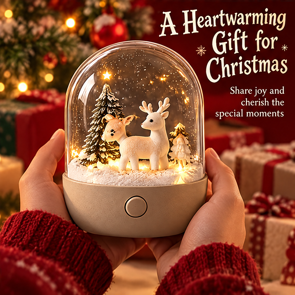 A Heartwarming Gift for Christmas — hands holding Christmas reindeer duo snow globe night light, share joy and cherish the special moments