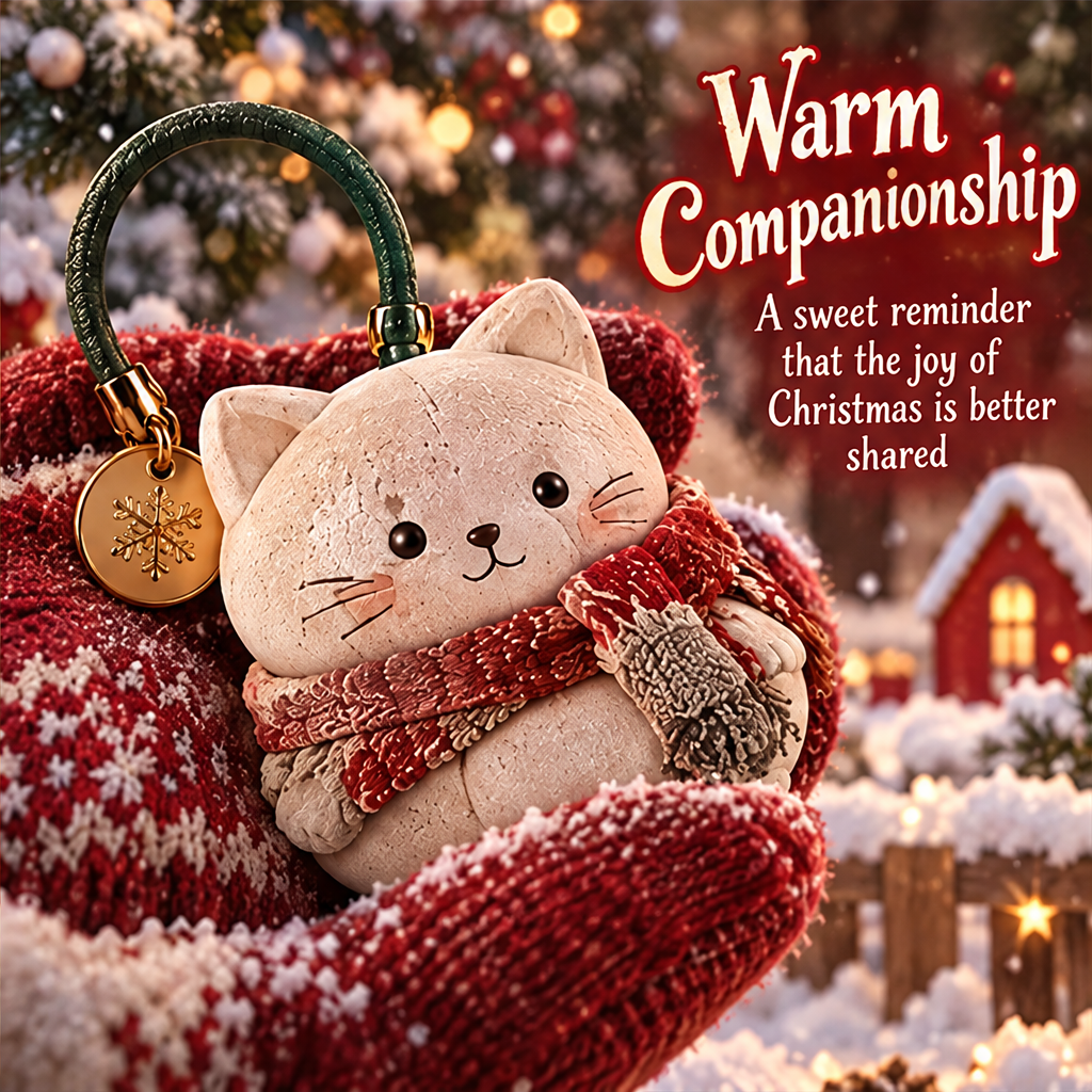 Thoughtful Craftsmanship — back view of Christmas cat figurine showing textured finish and engraved snowflake charm tag