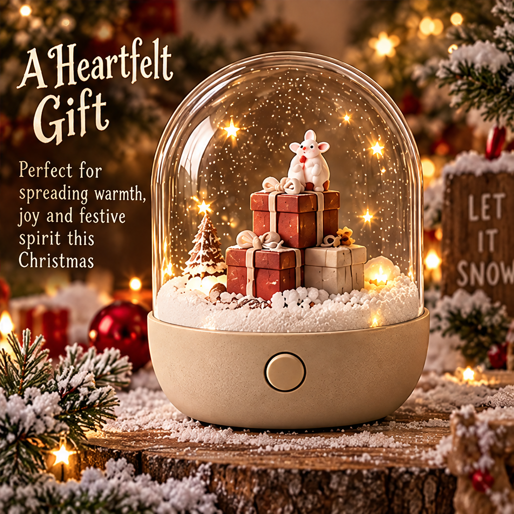 A Heartfelt Gift — Christmas mouse on gift boxes snow globe night light in festive holiday setting, perfect for spreading warmth joy and festive spirit this Christmas