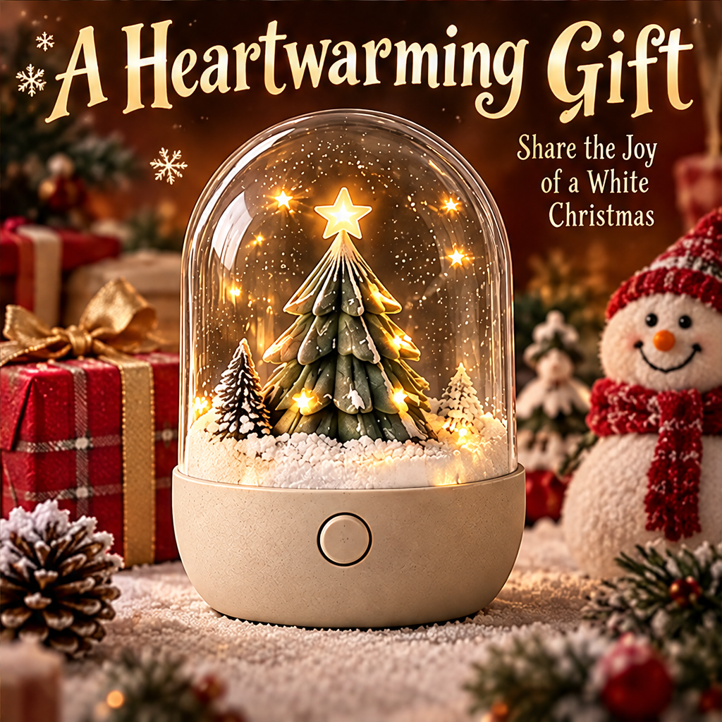 Magical Snow Scene — close-up of Christmas tree snow globe showing glowing star, layered fir tree detail, and warm LED fairy lights, delicate details bring the spirit of Christmas to life