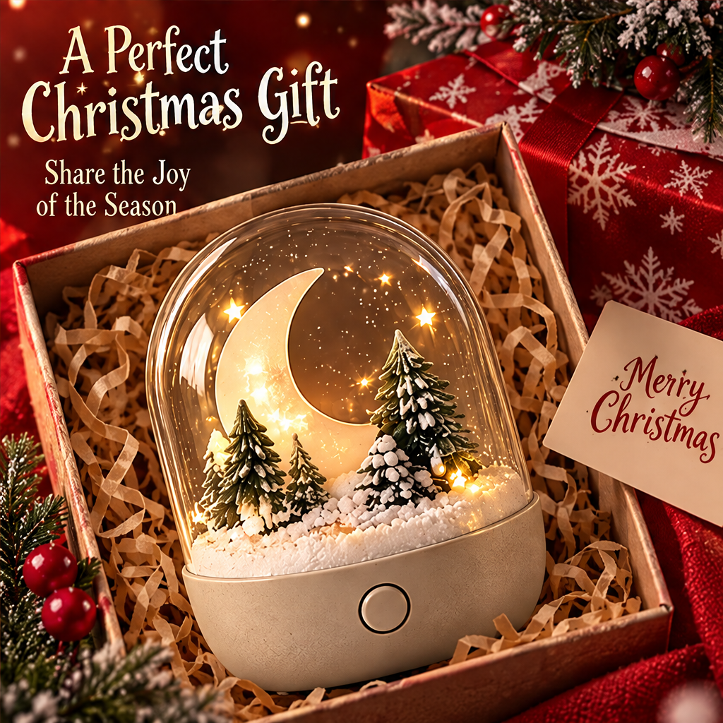 Warm and Cozy Glow — Christmas moon and pine forest snow globe night light glowing in warm holiday interior, creates a magical Christmas atmosphere