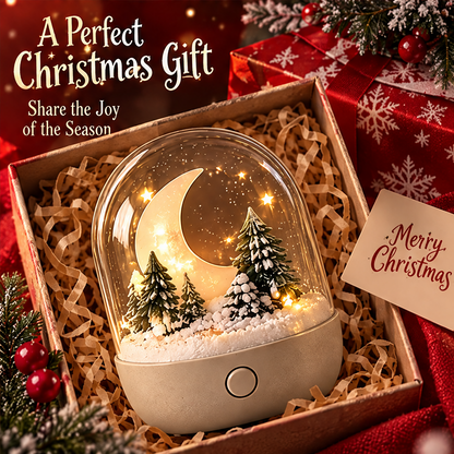 Warm and Cozy Glow — Christmas moon and pine forest snow globe night light glowing in warm holiday interior, creates a magical Christmas atmosphere