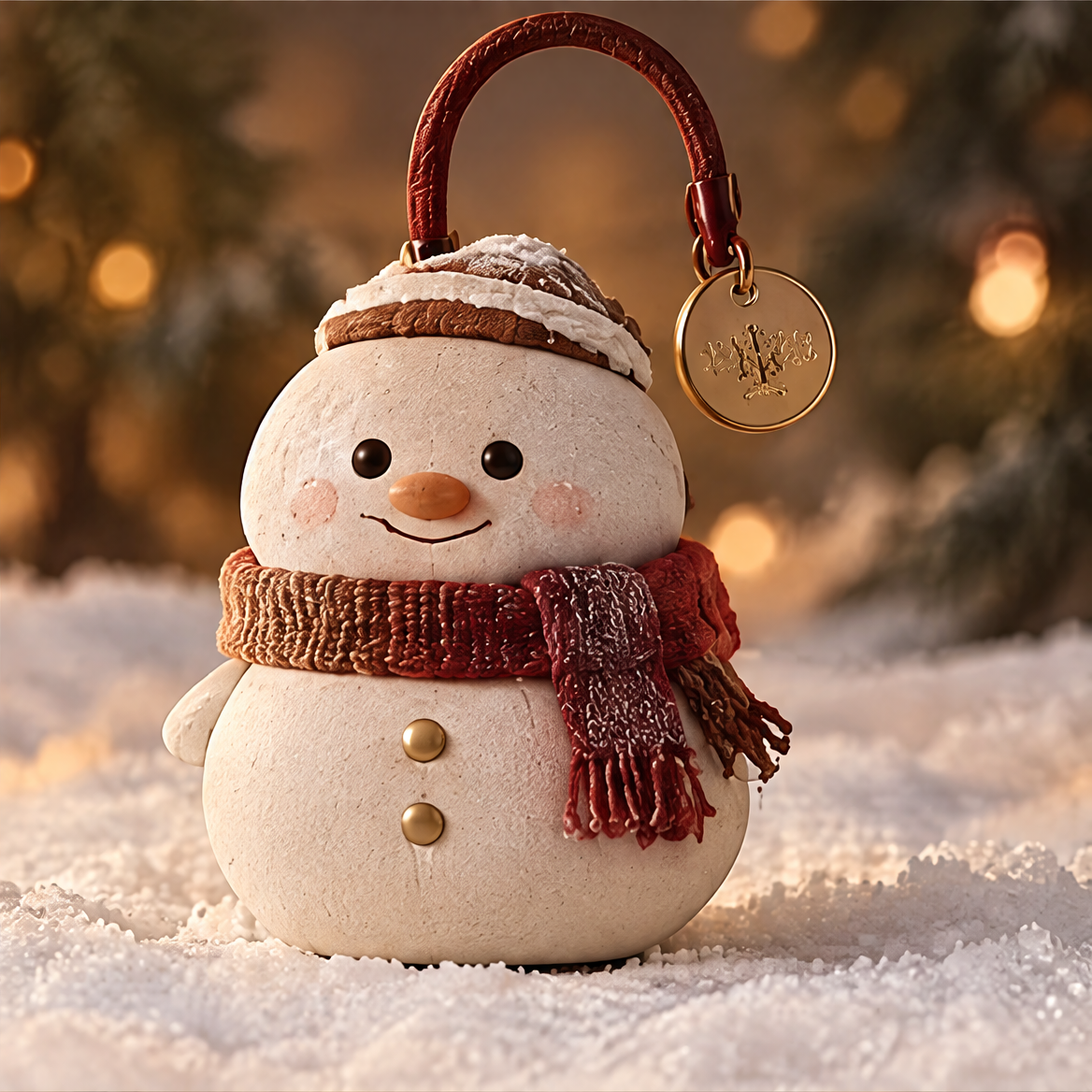 Merry Christmas snowman ornament in snowy scene — A Little Friend for a Warmer Winter with gold carry handle
