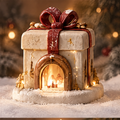 Warm Light Fills the Season — close-up of Christmas gift box house doorway with golden glowing candlelight that brings Christmas magic to life