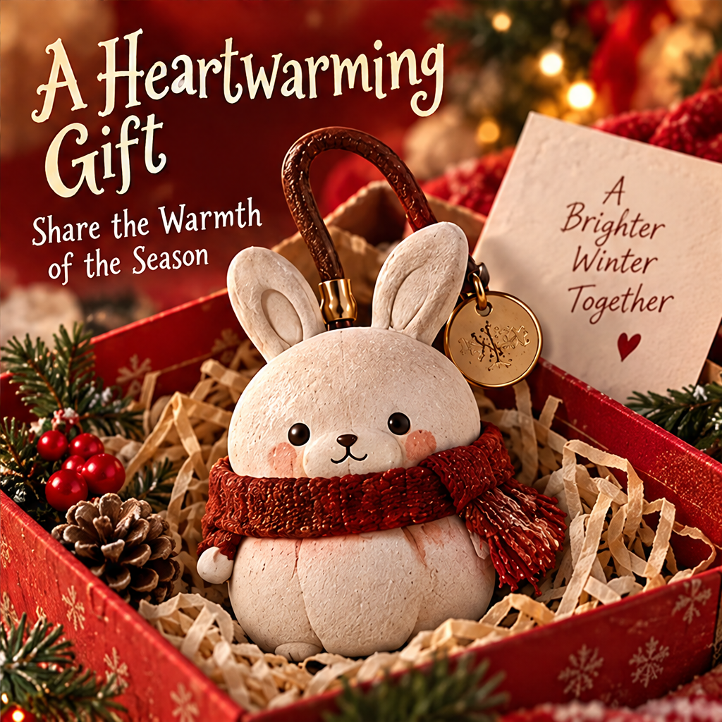 Festive Details — back view of Christmas bunny figurine showing thoughtful design and gold snowflake charm tag, brings more holiday cheer