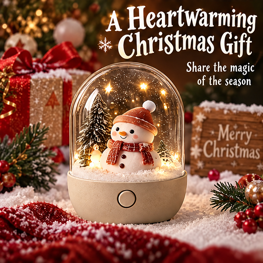Christmas snowman snow globe night light clean product shot showing full warm LED glow, smiling snowman, star sparkles inside glass dome, and complete snowy pine scene