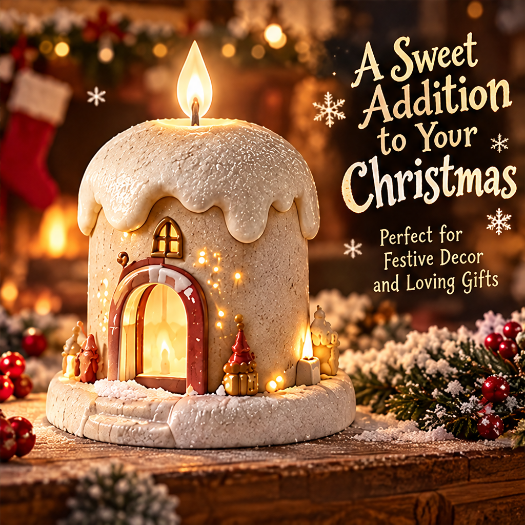 Warm Glow — Christmas candle house figurine aerial view showing candle flame and snow-dripped top, fills your home with Christmas magic