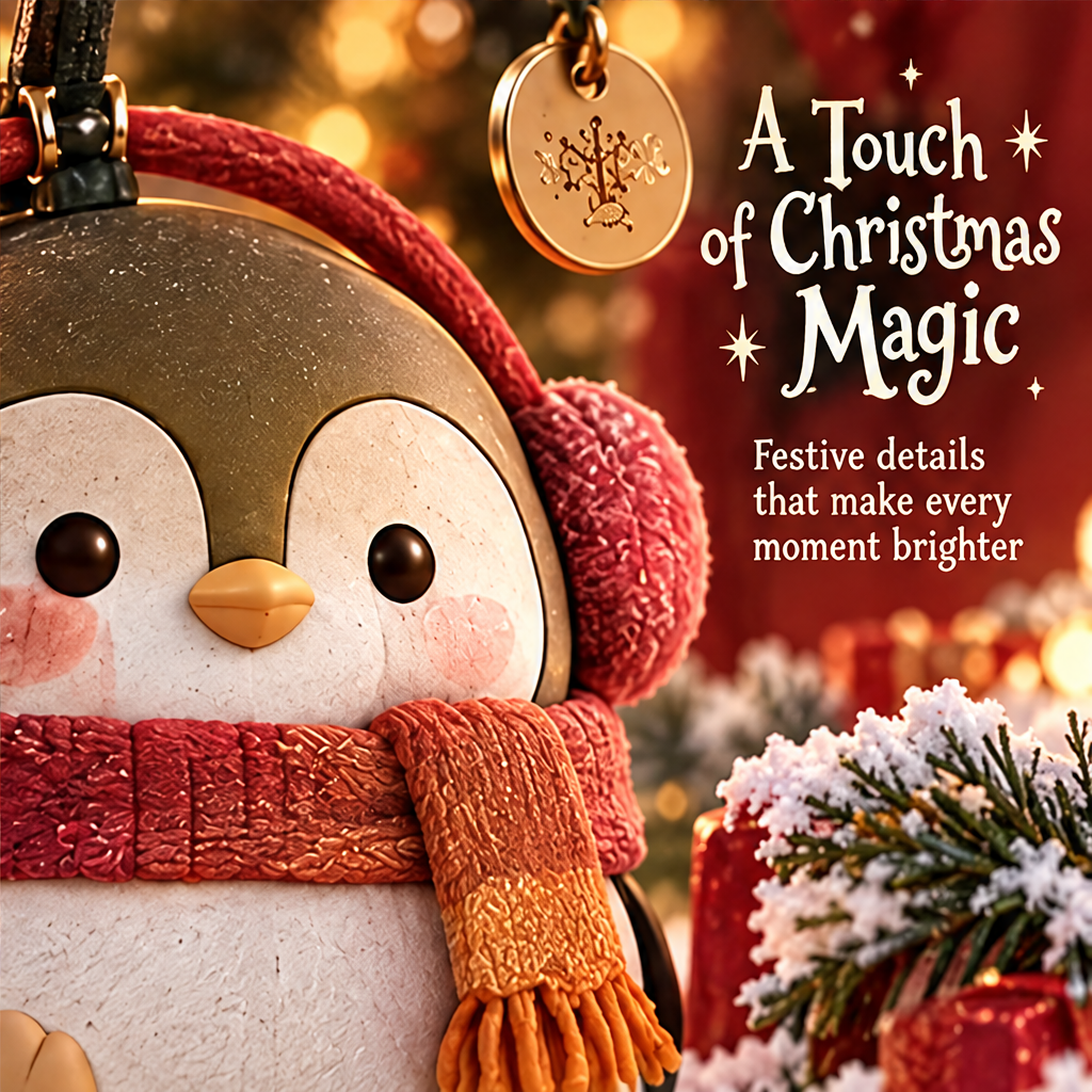 A Touch of Christmas Magic — festive penguin ornament detail shot with gold charm and red ear muffs