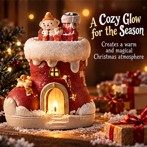Christmas boot house candle holder clean product shot in snowy setting showing full warm glow through arched doorway
