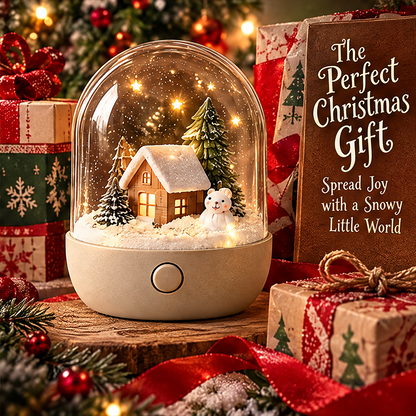 Christmas snow globe night light clean product shot showing full warm LED glow, star sparkles inside dome, and complete village scene