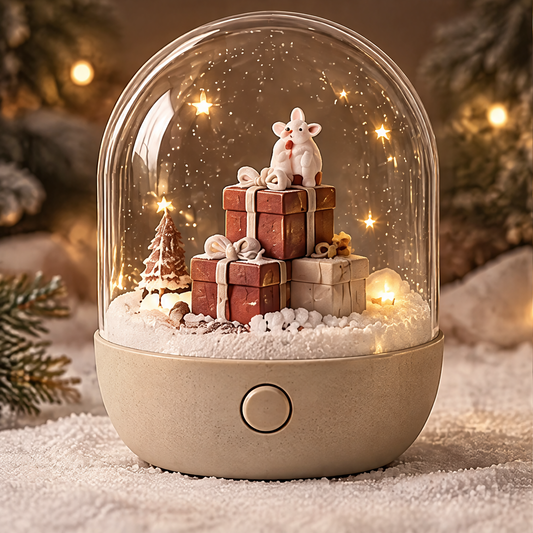 Magical Snow Globe — Christmas mouse snow globe night light showing warm LED fairy lights and dreamy Christmas scene, warm lights and gentle snowfall create a dreamy Christmas scene