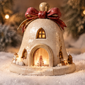 Warm Light Warm Hearts — close-up of Christmas dome house arched doorway with glowing snowman inside, creates a cozy Christmas mood