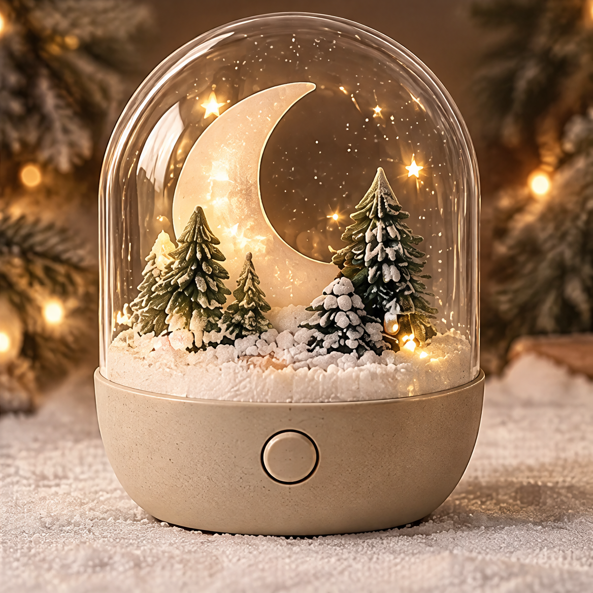 A Perfect Christmas Gift — Christmas moon and pine forest snow globe night light presented in gift box with Merry Christmas card, share the joy of the season